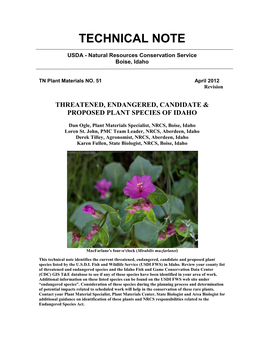 Technical Note No. 51. Threatened, Endangered, Candidate And