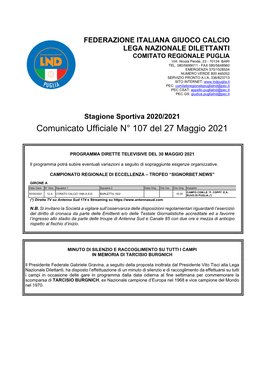 Comunicato Ufficiale N° 107 Del 27 Maggio 2021