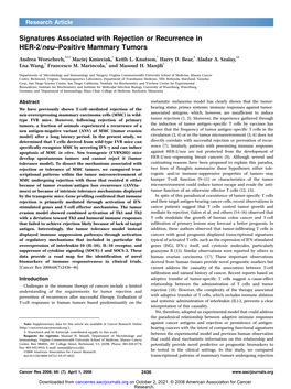 Signatures Associated with Rejection Or Recurrence in HER-2/Neu–Positive Mammary Tumors