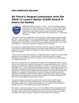 Air Force's Jacques Lamoureux Wins the 2010-11 Lowe's Senior CLASS
