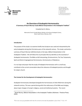 An Overview of Anabaptist Hermeneutics a Summary of Stuart Murray’S Book Biblical Interpretation in the Anabaptist Tradition1