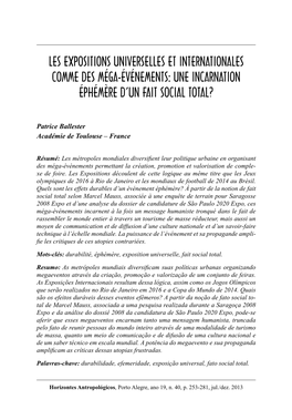 Les Expositions Universelles Et Internationales Comme Des Méga-Événements