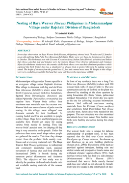 Nesting of Baya Weaver Ploceus Philippinus in Mohammadpur Village Under Rajshahi Division of Bangladesh