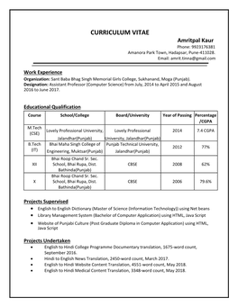 CURRICULUM VITAE Amritpal Kaur Phone: 9923176381 Amanora Park Town, Hadapsar, Pune-411028