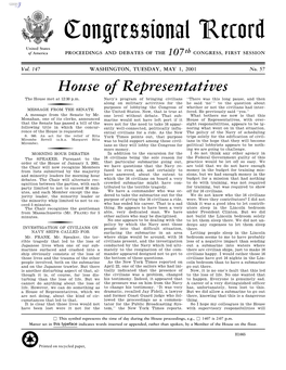 Congressional Record United States of America PROCEEDINGS and DEBATES of the 107Th CONGRESS, FIRST SESSION