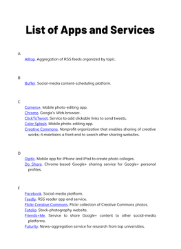 List of Apps and Services