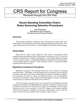 House Standing Committee Chairs: Rules Governing Selection Procedures