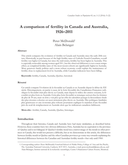 A Comparison of Fertility in Canada and Australia, 1926–2011