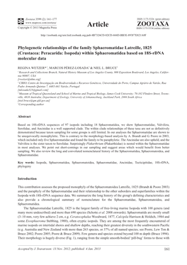 Phylogenetic Relationships of the Family Sphaeromatidae Latreille, 1825 (Crustacea: Peracarida: Isopoda) Within Sphaeromatidea Based on 18S-Rdna Molecular Data
