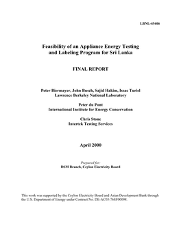 Feasibility of an Appliance Energy Testing and Labeling Program for Sri Lanka