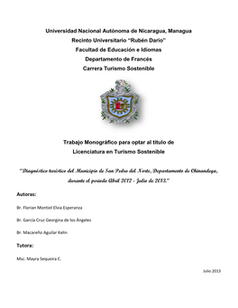Diagnóstico Turístico Del Municipio De San Pedro Del Norte, Departamento De Chinandega, Durante El Periodo Abril 2012 - Julio De 2013.”