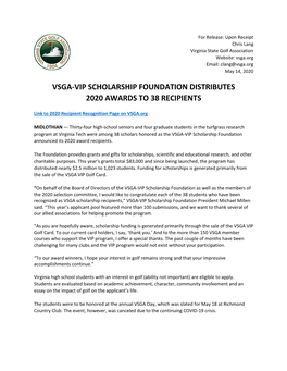 Vsga-Vip Scholarship Foundation Distributes 2020 Awards to 38 Recipients