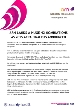 Arn Lands a Huge 42 Nominations As 2015 Acra Finalists Announced