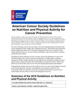 American Cancer Society Guidelines on Nutrition and Physical Activity for Cancer Prevention