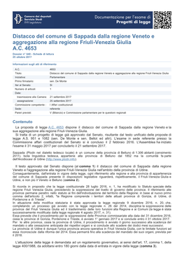 Distacco Del Comune Di Sappada Dalla Regione Veneto E Aggregazione Alla Regione Friuli-Venezia Giulia A.C