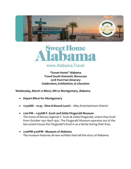 Alabama Travel South Domestic Showcase 2018 Post-Fam Itinerary