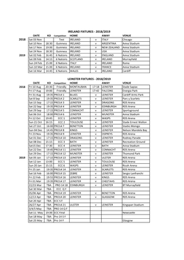 Ireland & Leinster Fixtures 2018-2019.Xlsx