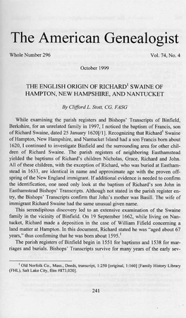 The English Origin of Richard 1 Swaine of Hampton, New