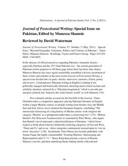 Journal of Postcolonial Writing: Special Issue on Pakistan, Edited by Muneeza Shamsie Reviewed by David Waterman