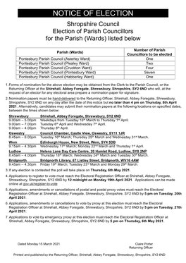 NOTICE of ELECTION Shropshire Council Election of Parish Councillors for the Parish (Wards) Listed Below