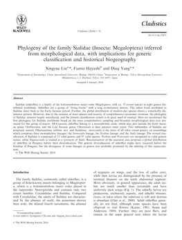 Phylogeny of the Family Sialidae (Insecta: Megaloptera) Inferred from Morphological Data, with Implications for Generic Classiﬁcation and Historical Biogeography