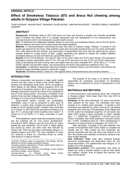 Effect of Smokeless Tobacco (ST) and Areca Nut Chewing Among Adults in Gulyana Village Pakistan