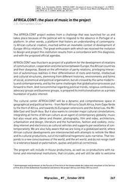 AFRICA.CONT: the Place of Music in the Project”, in CÔRTE- REAL, Maria De São José (Ed.), Migrações Journal - Special Issue Music and Migration, Octo- Ber 2010, No