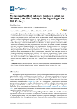 Mongolian Buddhist Scholars' Works on Infectious Diseases (Late 17Th