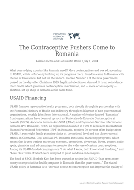 The Contraceptive Pushers Come to Romania Larisa Ciochia and Constantin Iftime / July 1, 2004
