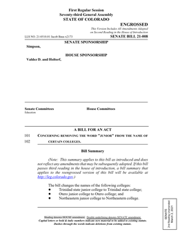 ENGROSSED This Version Includes All Amendments Adopted on Second Reading in the House of Introduction LLS NO