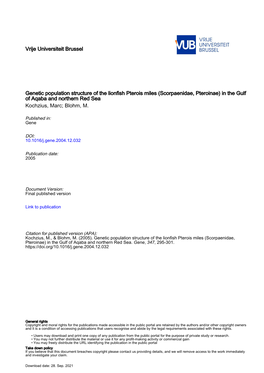 Vrije Universiteit Brussel Genetic Population Structure of the Lionfish Pterois Miles (Scorpaenidae, Pteroinae) in the Gulf of A