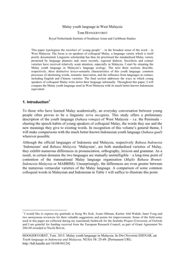 Malay Youth Language in West Malaysia Tom HOOGERVORST Royal Netherlands Institute of Southeast Asian and Caribbean Studies