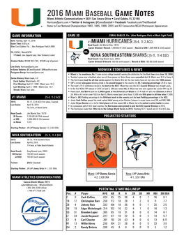 2016 Miami Baseball Game Notes