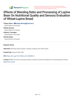 Effects of Blending Ratio and Processing of Lupine Bean on Nutritional Quality and Sensory Evaluation of Wheat-Lupine Bread