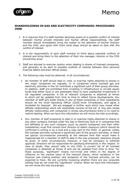 Shareholdings in Gas and Electricity Companies: Procedures 2008