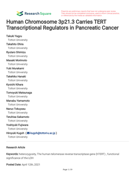 Human Chromosome 3P21.3 Carries TERT Transcriptional Regulators in Pancreatic Cancer