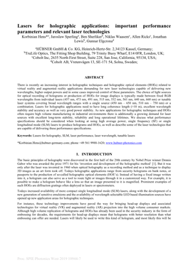 Lasers for Holographic Applications: Important Performance Parameters