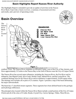 BASINS HIGHLIGHTS REPORT: NUECES RIVER AUTHORITY Basin Highlights Report Nueces River Authority