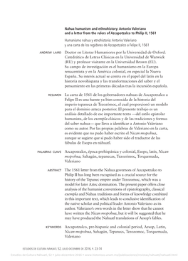 Humanismo Nahua Y Etnohistoria: Antonio Valeriano Y Una Carta De Los Regidores De Azcapotzalco a Felipe II, 1561