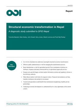 Structural Economic Transformation in Nepal a Diagnostic Study Submitted to DFID Nepal