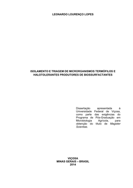 Isolamento E Triagem De Microrganismos Termófilos E Halotolerantes Produtores De Biossurfactantes