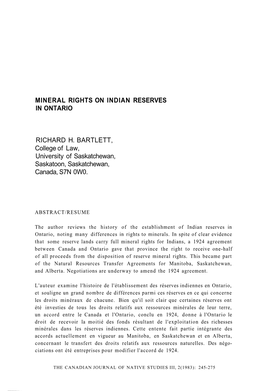 Mineral Rights on Indian Reserves in Ontario