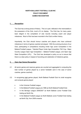 North Ballarat Football Club Inc Policy Document Games Recognition