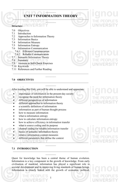 UNIT 7 INFORMATION THEORY ————————————————————————————— ———— Structure