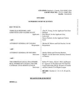 Bedford V. Canada, 2010 ONSC 4264 COURT FILE NO.: 07-CV-329807 PD1 DATE: 2010/09/28