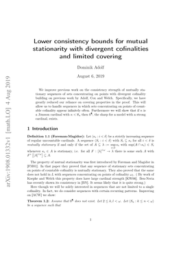 Lower Consistency Bounds for Mutual Stationarity with Divergent Cofinalities and Limited Covering Arxiv:1908.01332V1 [Math.LO]