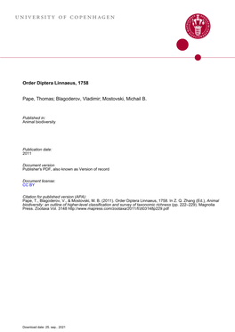 Order DIPTERA Linnaeus, 1758. In: Zhang, Z.-Q. (Ed.) Animal Biodiversity: an Outline of Higher-Level Classification and Survey of Taxonomic Richness”