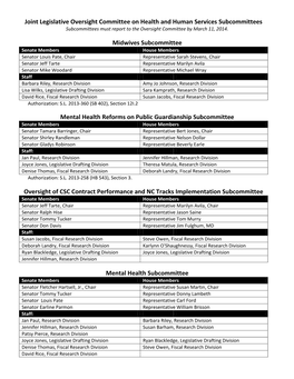 Joint Legislative Oversight Committee on Health and Human Services Subcommittees Subcommittees Must Report to the Oversight Committee by March 11, 2014