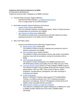 Institutions with Collections Relevant to La Mama (A Document­In­Development) Created by Suzanne Lipkin, Cataloger at La Mama’S Archives