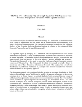 The Glory of God Is Humanity Fully Alive: Exploring Eastern Orthodoxy As a Resource for Human Development in Conversation with the Capability Approach’